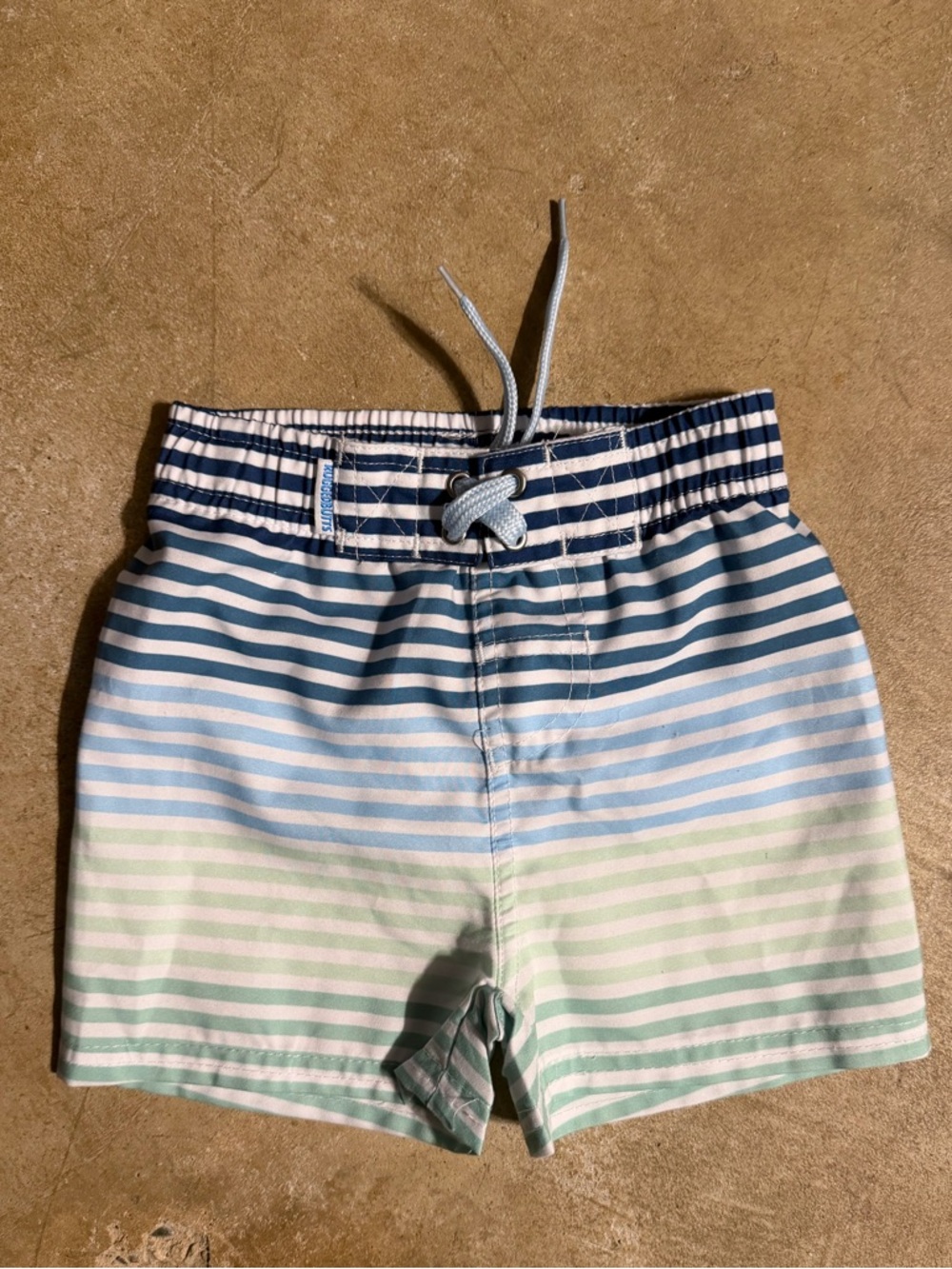 RuggedButts Baby Boys Blue Green Striped Swim Trunks Board Shorts 12-18M